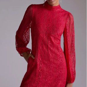 Anthropologie Maeve Open-Back Long Sleeve Lace Mini Dress, Raspberry Red Sz 12